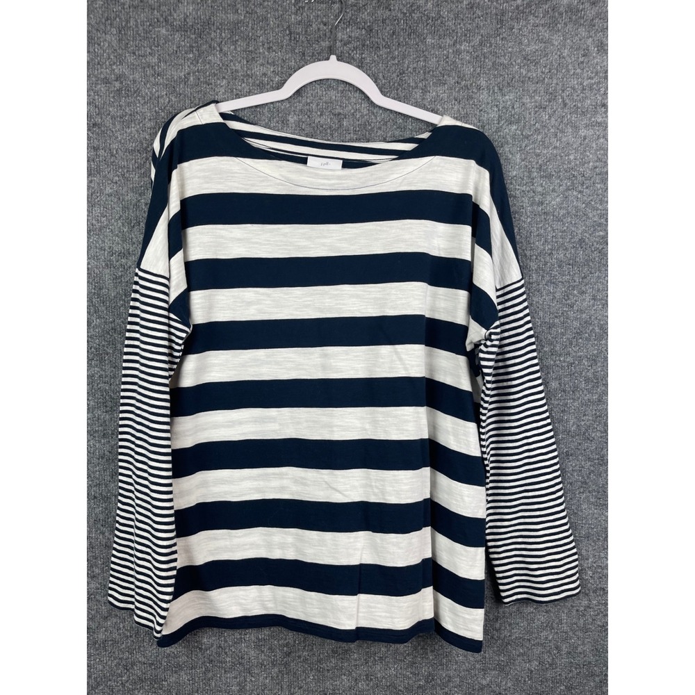 J. Jill Striped Top Women Large Navy Blue Excellent Long Sleeve Boat Neck Cotton